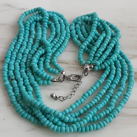 Turquoise Glass Rondel Beaded 5 Strand Necklace 19" - Picture 5 of 6